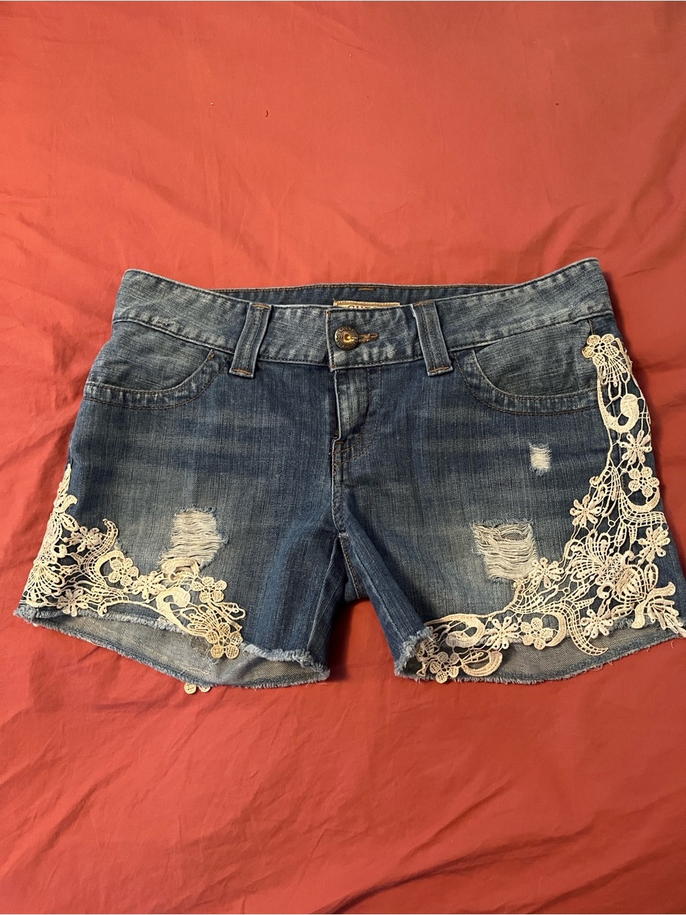 Guess Blue Denim Shorts with Cream Lace Appliqué